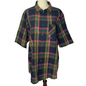 KAVU men’s plaid blue green button front shirt size L